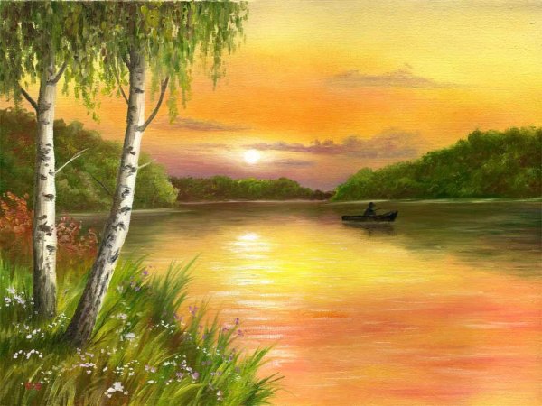 Речка пейзаж гуашью