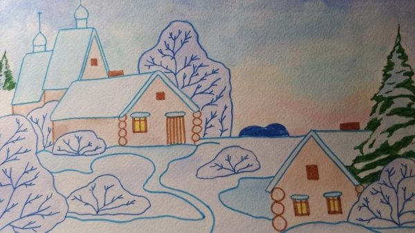 Рисование по этапно зимний пейзаж