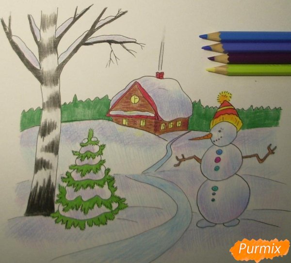 Снежная елка зимой срисовка