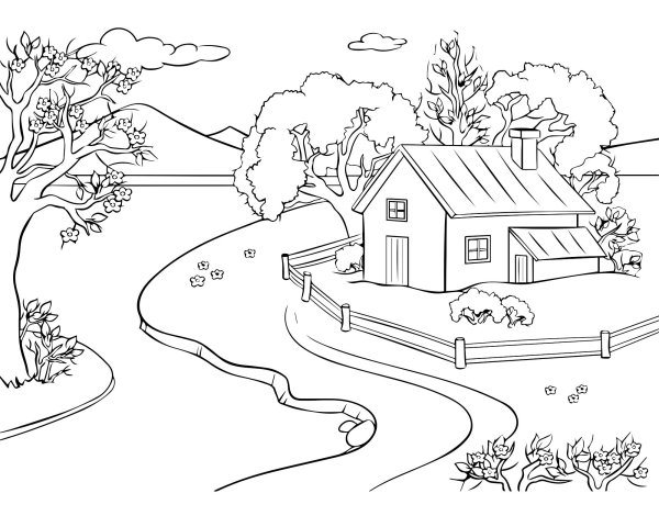 Раскраска деревня летом для детей