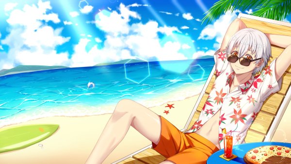 Аниме девушка в шляпе на пляже