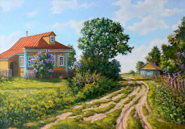 Вышивка домик в деревне