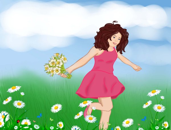 Девочка на лугу рисунок