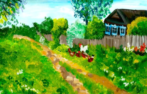 Деревенский пейзаж гуашью