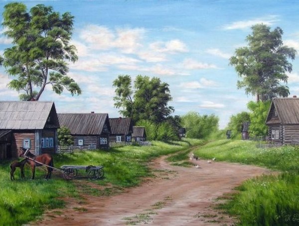 Рисуем домик в деревне