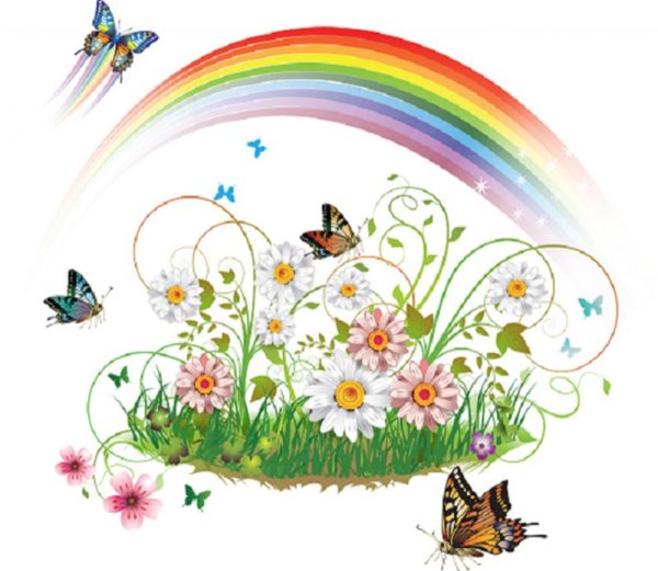 Сказочный луг с цветами и бабочками