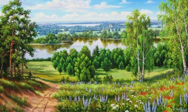 Ромашковое поле с озером