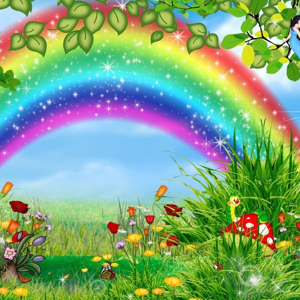 Поляна с цветами и радугой