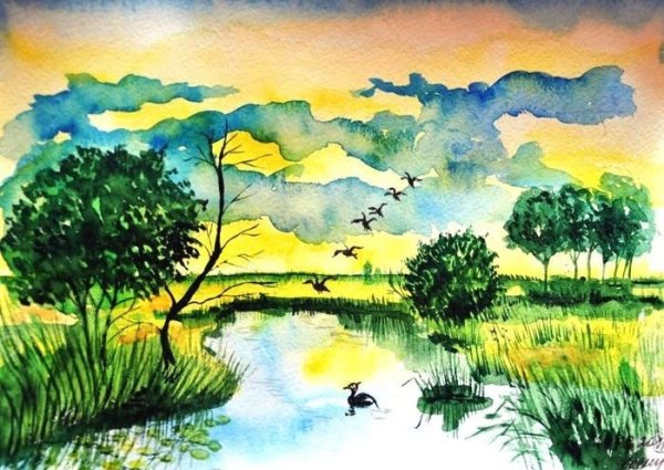 Летний пейзаж гуашью для детей