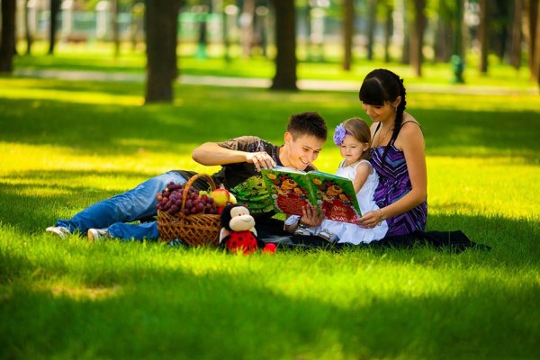 Семья с детьми в парке гуляют