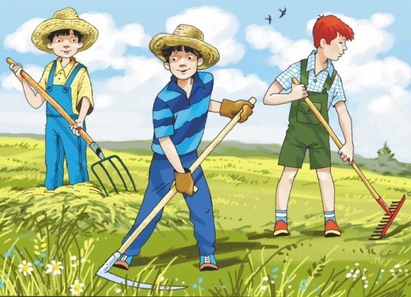 Мальчик косит траву