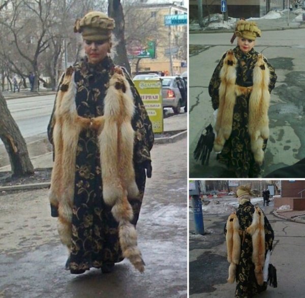 Смешная женщина в шубе
