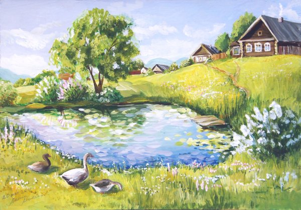 Деревенский пейзаж гуашью