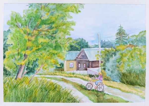 Сельский пейзаж цветными карандашами