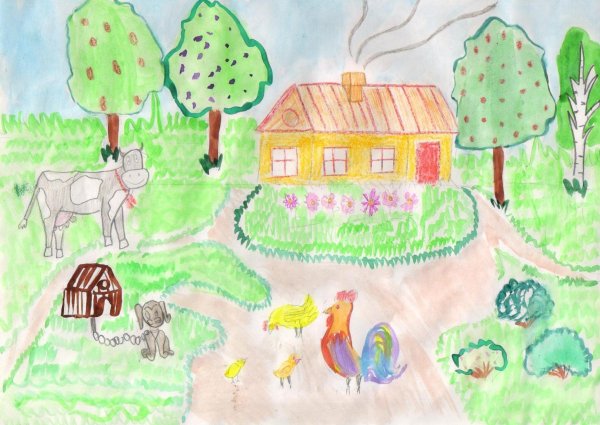 Рисунок на тему домик в деревне