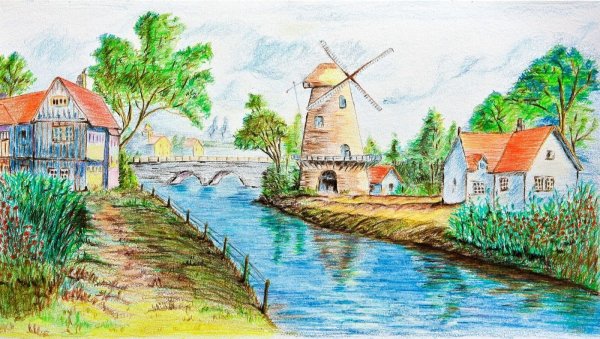 Летний пейзаж цветными карандашами