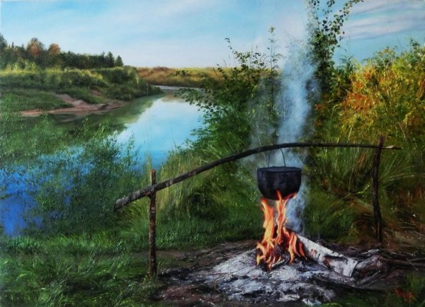 Лес палатка костер