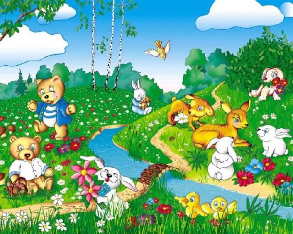 Фон с лужайкой и деревом для детей