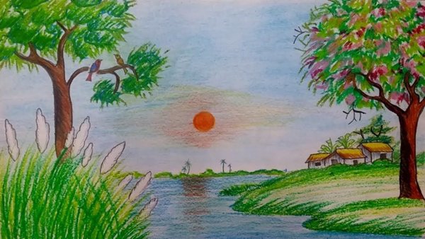 Летний пейзаж цветными карандашами