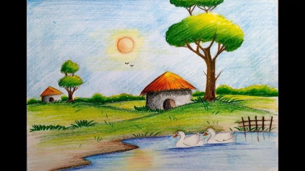 Летний пейзаж цветными карандашами