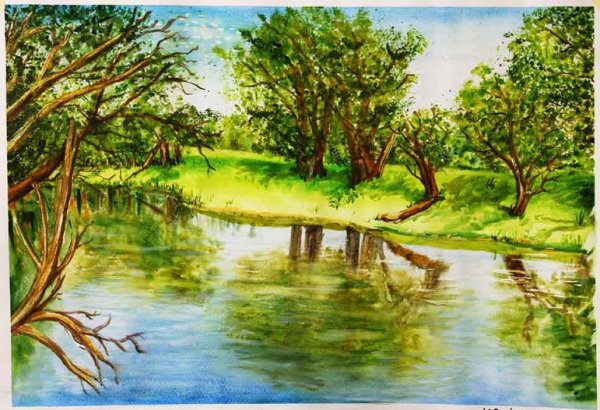 Летний пейзаж цветными карандашами
