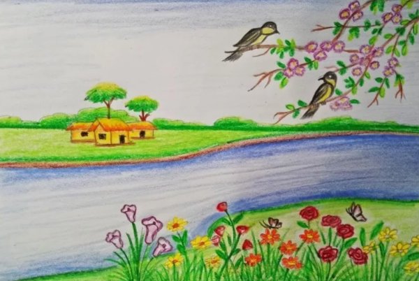 Весенний пейзаж цветными карандашами