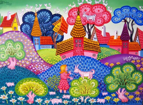 Летний пейзаж цветными карандашами