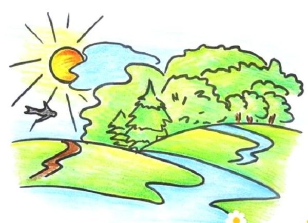 Летний пейзаж карандашом