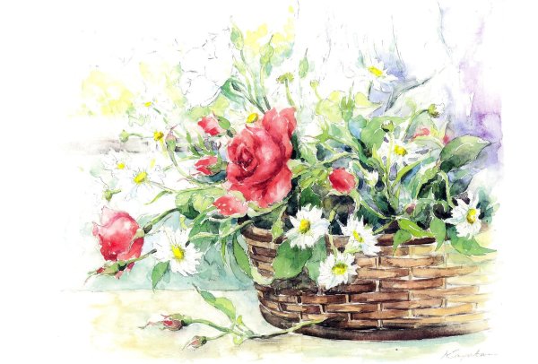 Корзина цветов акварель