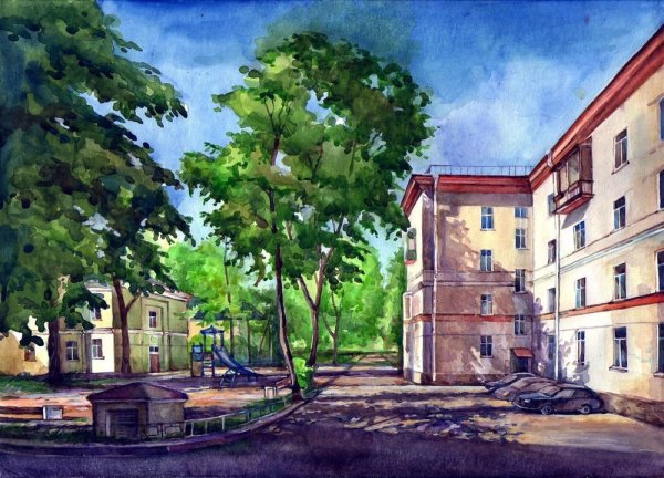 Городской двор акварелью