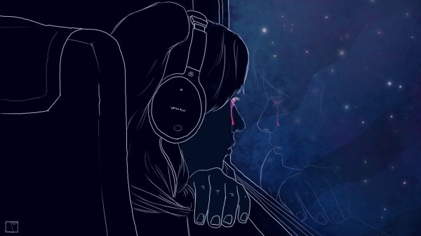 Девушка в наушниках ночью