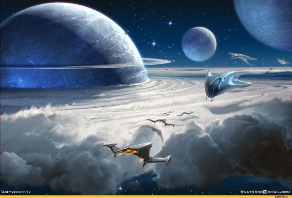 Космический пейзаж с кораблем