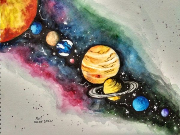 Рисунки на тему космос акварелью