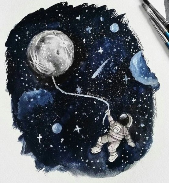 Космонавт в космосе акварелью