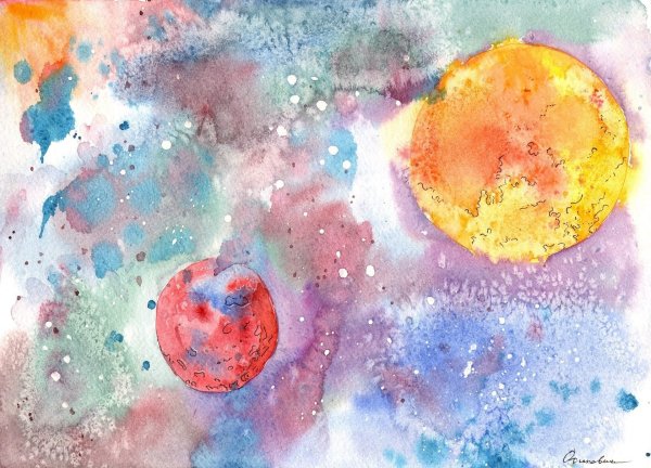 Космос рисунок акварелью