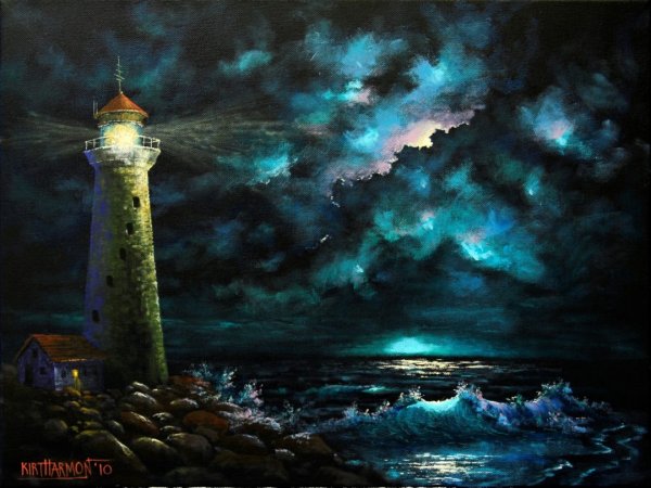 Маяк ночью картина