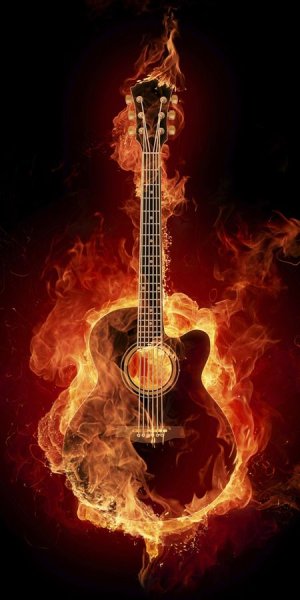 Горящая гитара на черном фоне