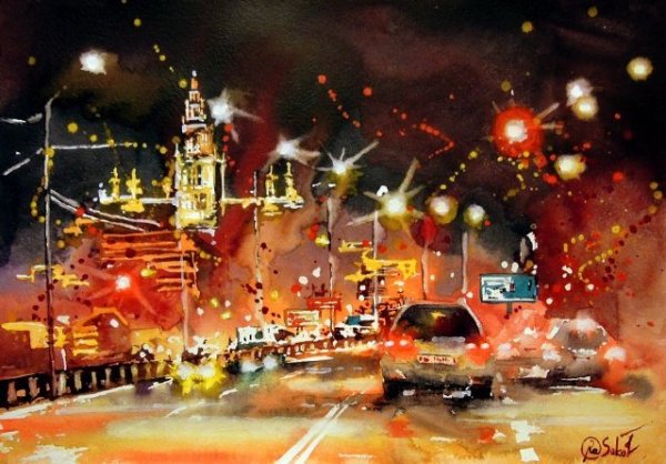 Ночной город акварелью