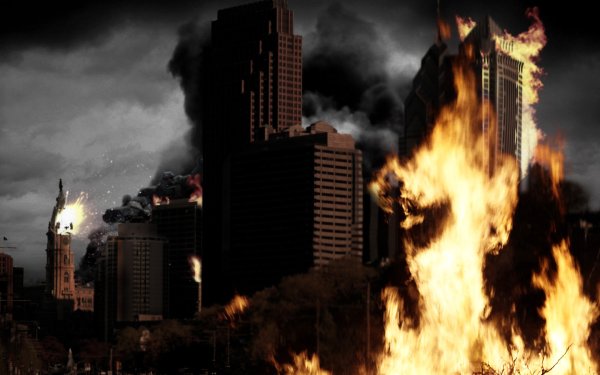 Разрушенный город в огне