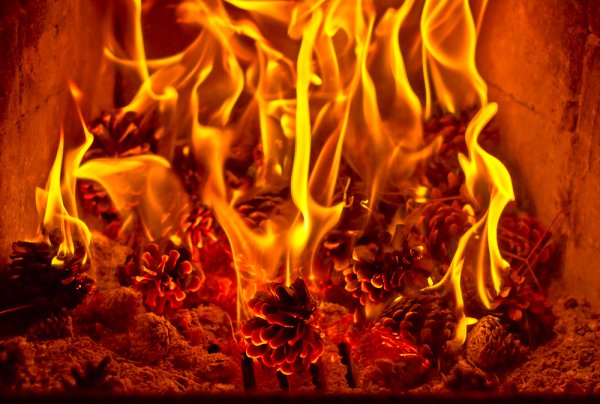 Камин пылает пламя