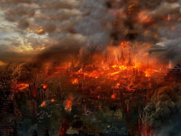 Разрушенный горящий город