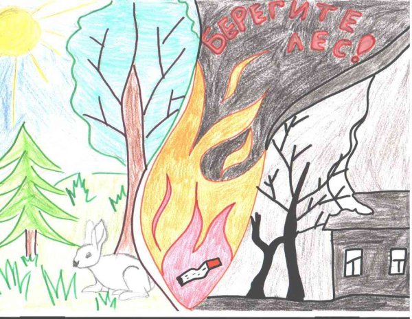 Пожар в лесу рисунок карандашом