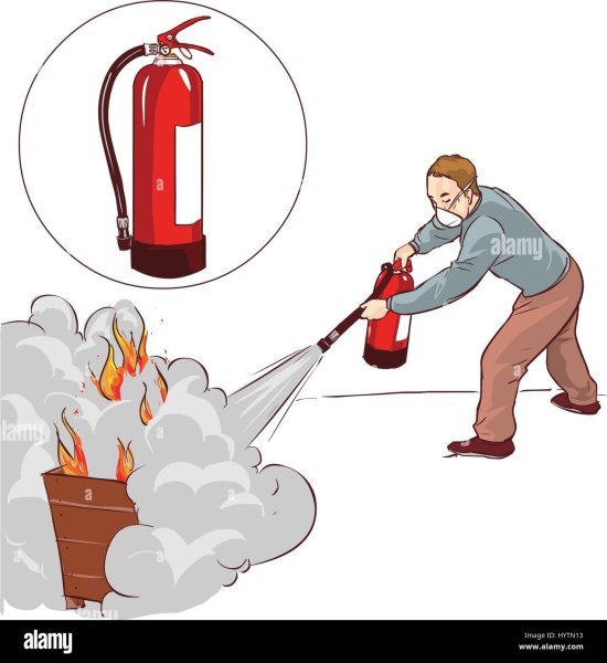 Человек тушит пожар огнетушителем