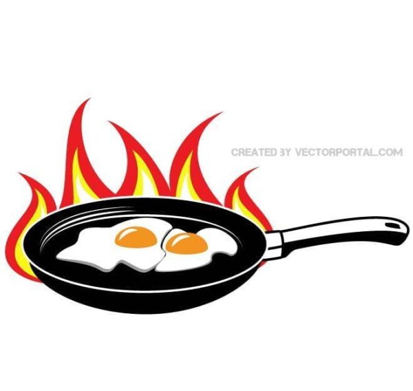 Сковородка с огнем на белом фоне