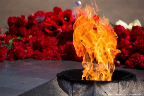 Памятники героям и цветы и огонь