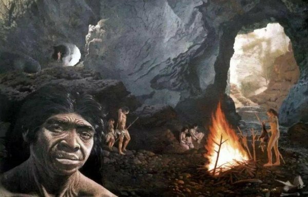 Homo Erectus у костра в пещере