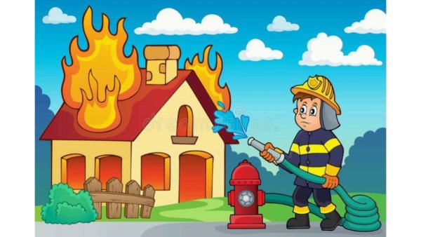 Пожарник тушит пожар в детском саду