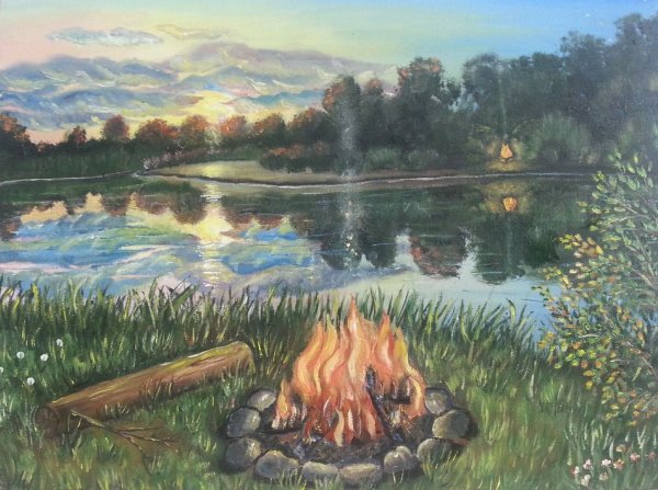 Костер у реки картина