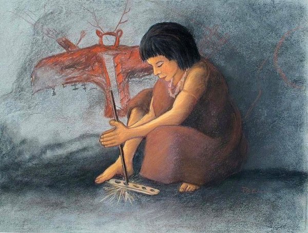 Человек добывает огонь