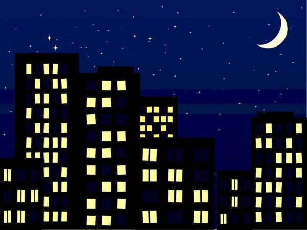 Силуэты домов с желтыми окнами